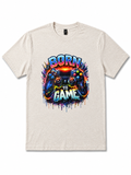 Beige t-shirt with 'Born to Game' graphic design on a white background