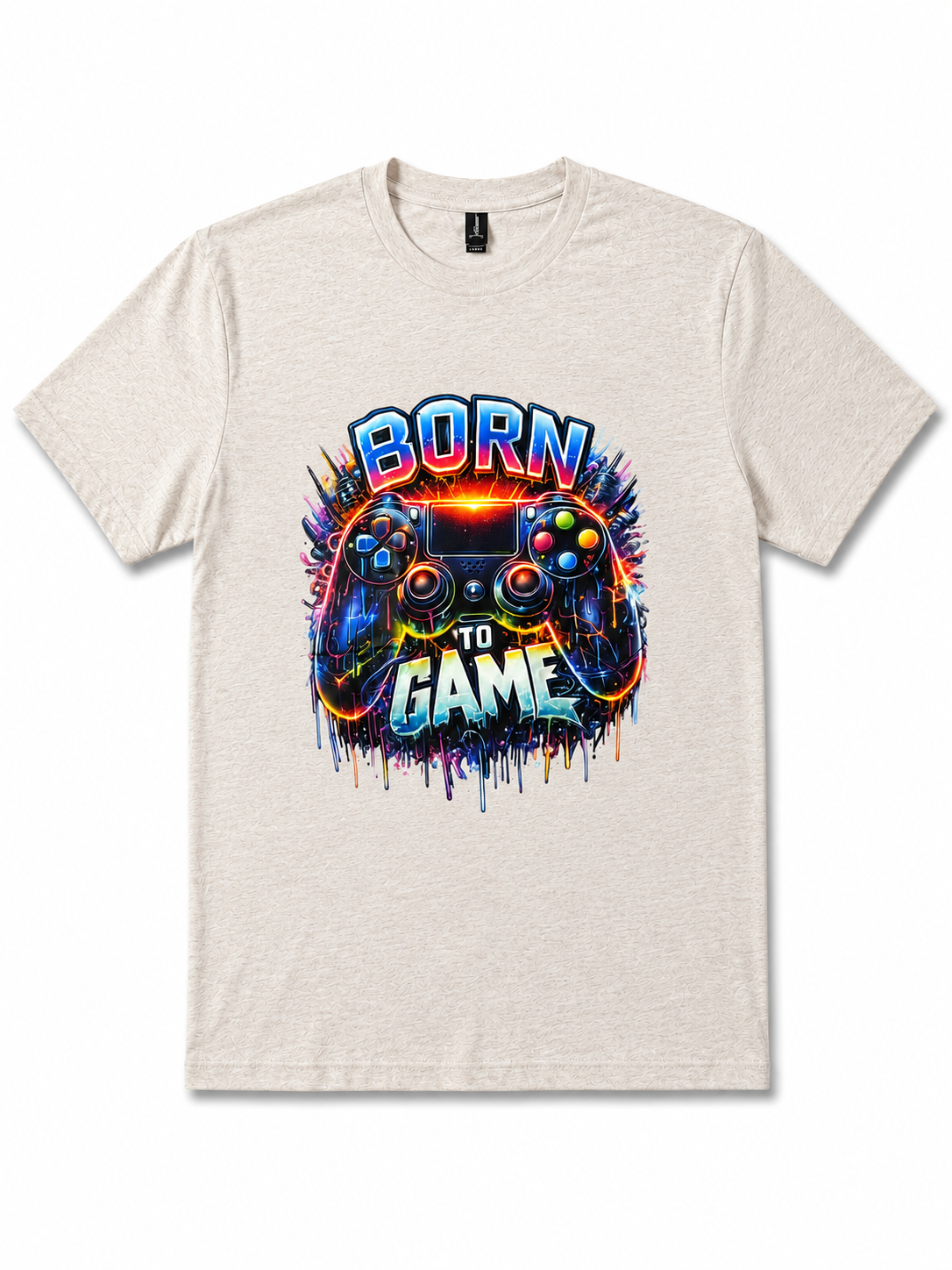 Beige t-shirt with 'Born to Game' graphic design on a white background
