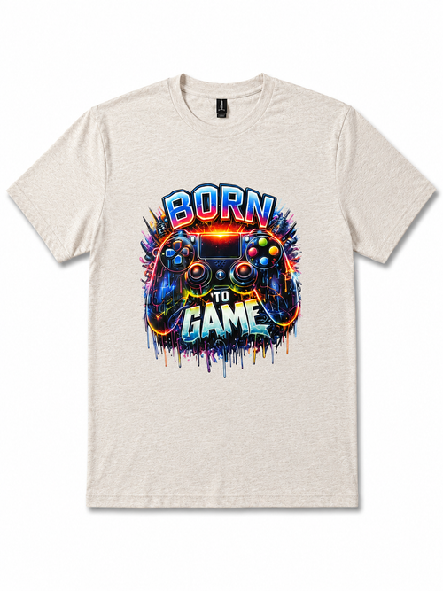 Beige t-shirt with 'Born to Game' graphic design on a white background