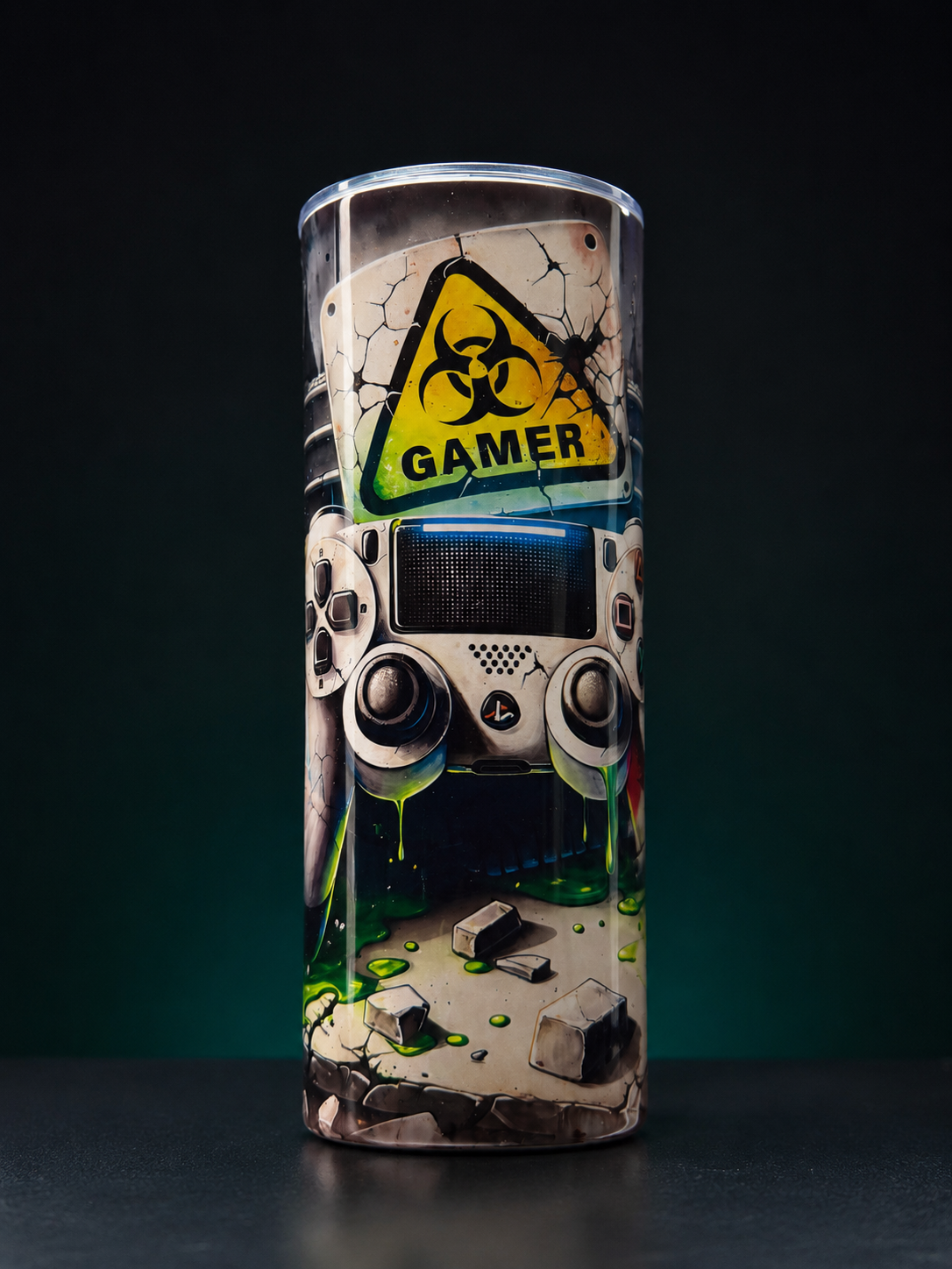 Tumbler with a biohazard symbol and 'Gamer' text on a dark background