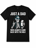 Black t-shirt with a skeleton design and text on a white background