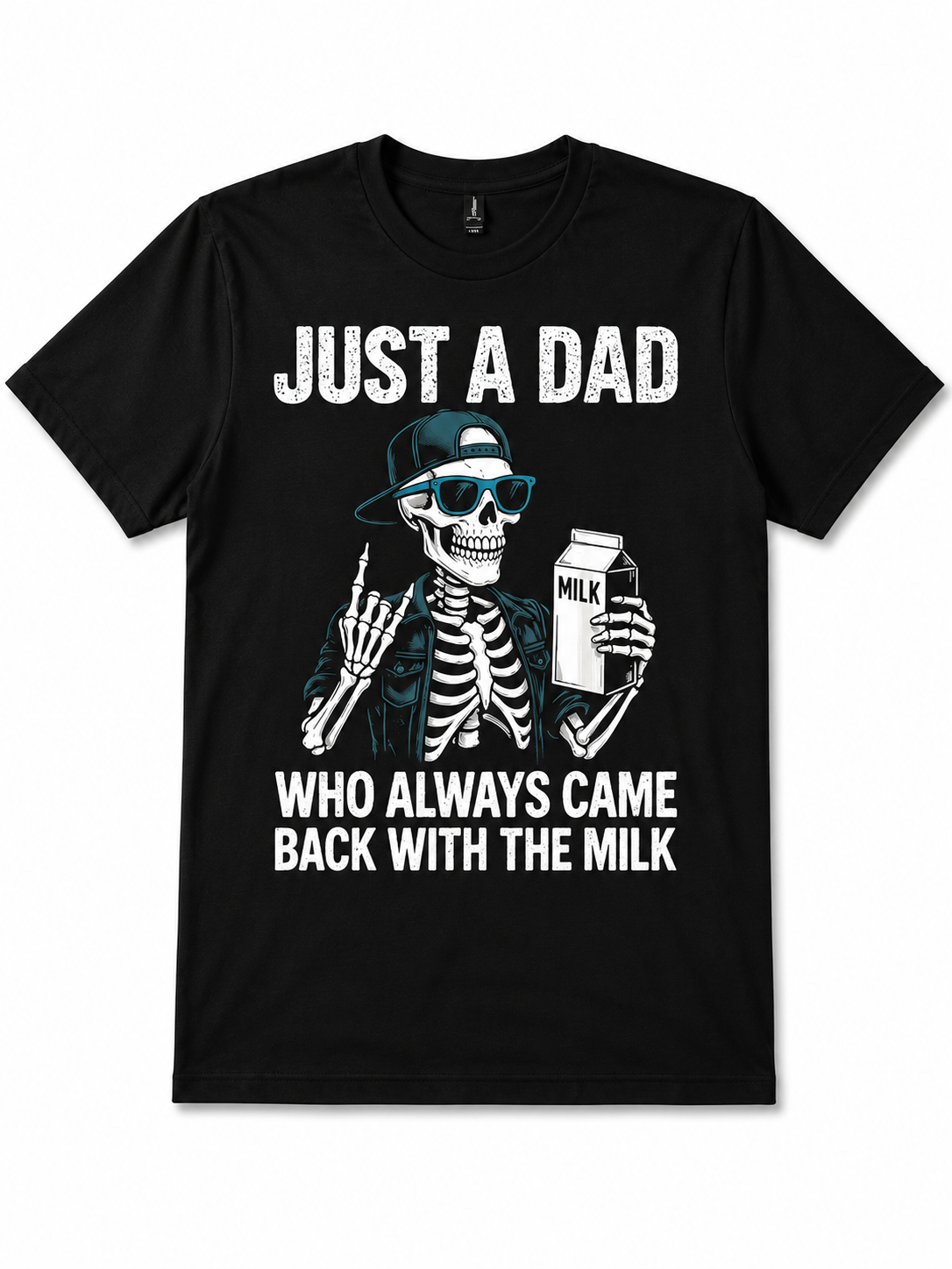 Black t-shirt with a skeleton design and text on a white background