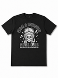 Black t-shirt with a graphic design featuring a skull and text on a white background
