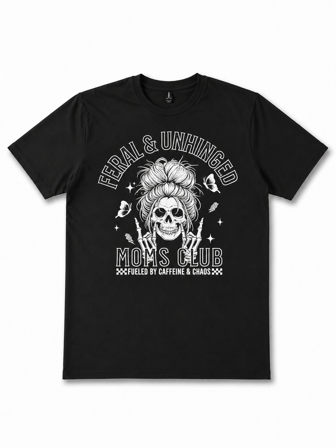 Black t-shirt with a graphic design featuring a skull and text on a white background