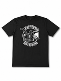 Black t-shirt with white graphic and text on a white background