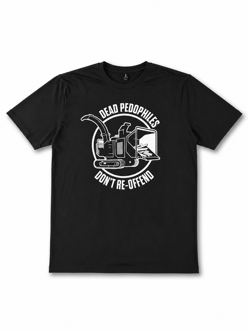 Black t-shirt with white graphic and text on a white background