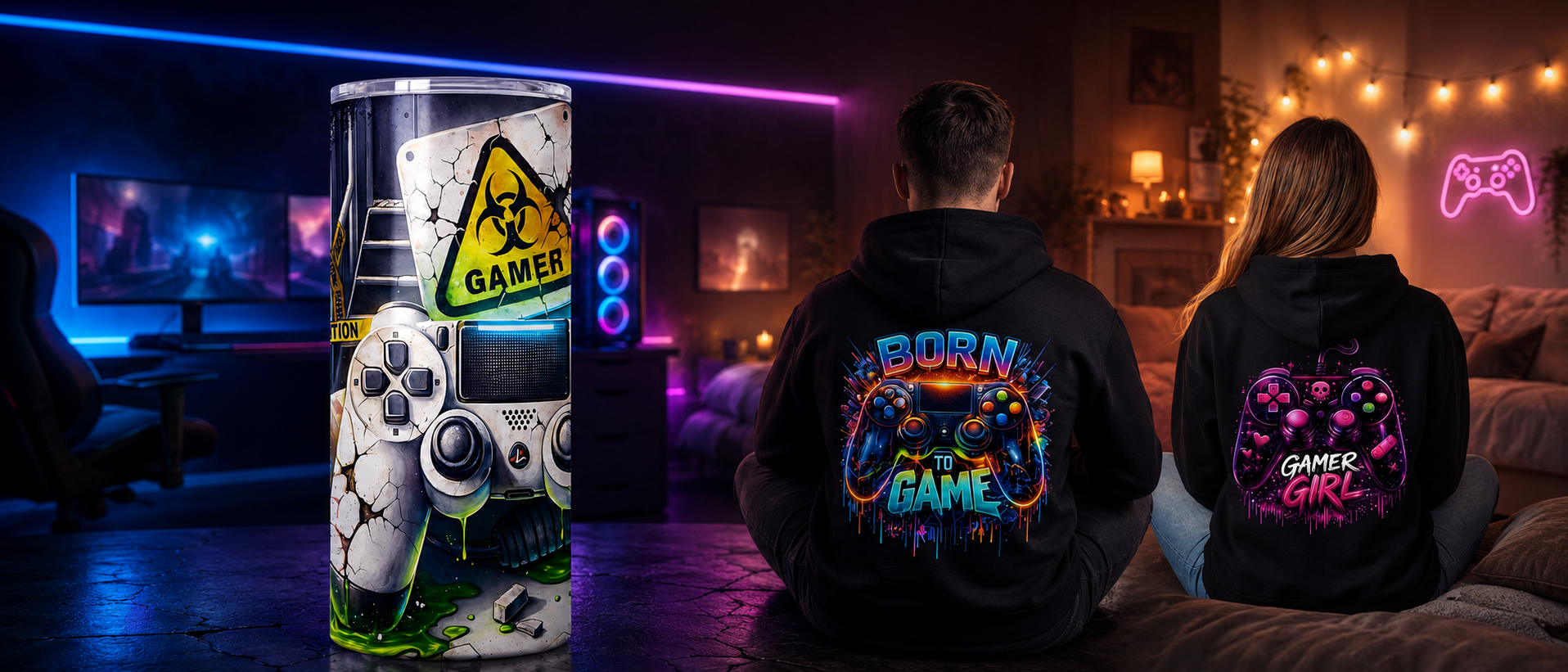 A "Gamer" tumbler to the left of two people wearing gamer sweatshirts.