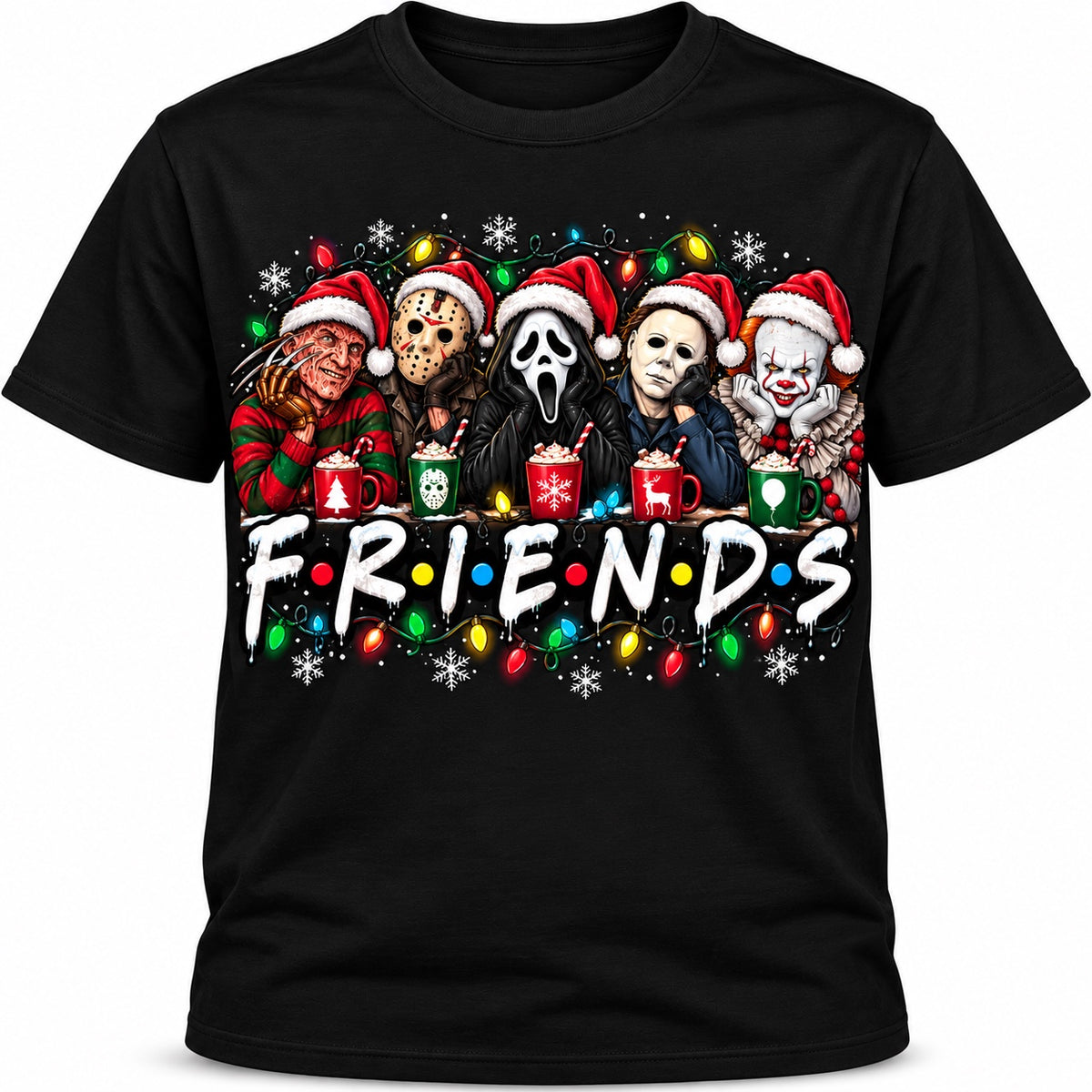 Christmas Horror Friends design on a black T-shirt