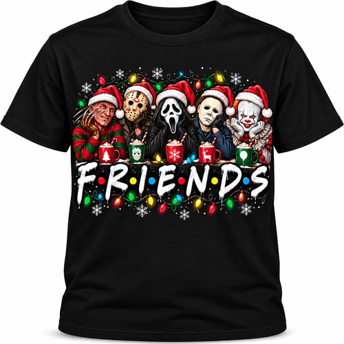 Christmas Horror Friends design on a black T-shirt
