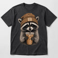Black t-shirt featuring a raccoon in a brown beanie holding an iced coffee