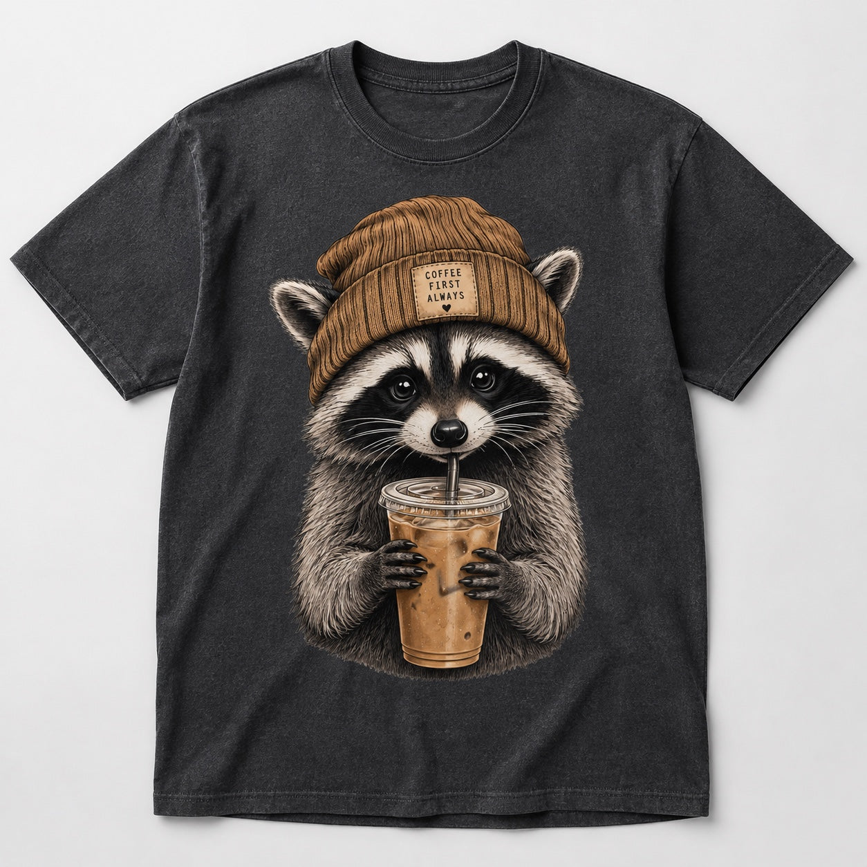 Black t-shirt featuring a raccoon in a brown beanie holding an iced coffee