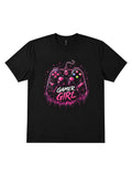 Black t-shirt with 'Gamer Girl' graphic design on a white background