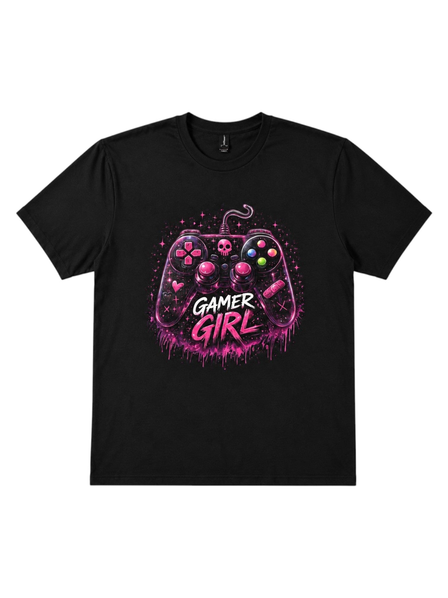 Black t-shirt with 'Gamer Girl' graphic design on a white background