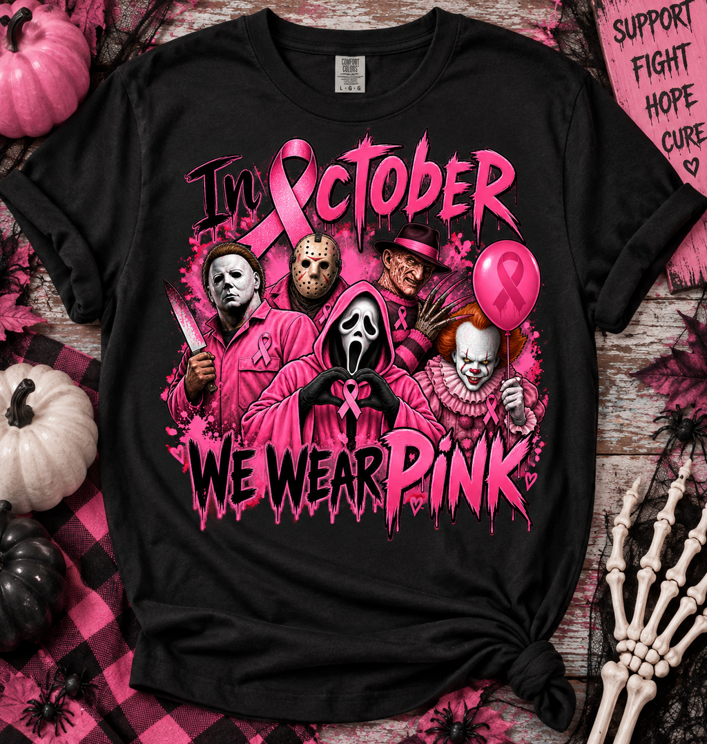 Black shirt mockup featuring In October We Wear Pink horror breast cancer awareness design