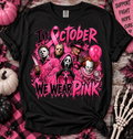 Black shirt mockup featuring In October We Wear Pink horror breast cancer awareness design